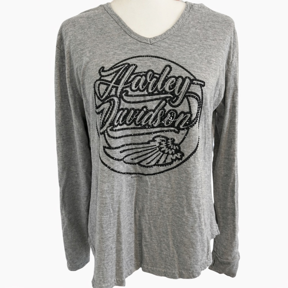Harley-Davidson Women’s XL Hooded Long Sleeve Tee Gray V-Neck Bling Logo